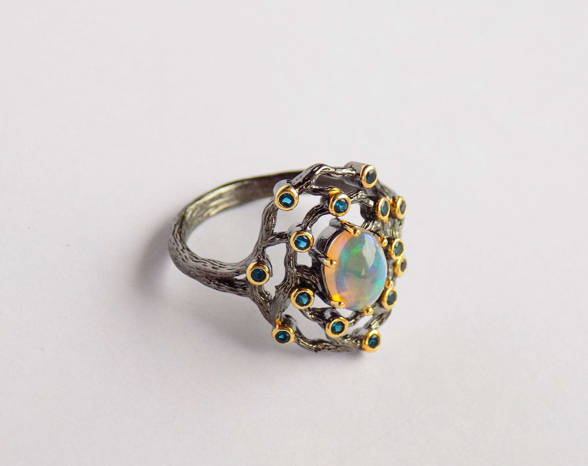 Silver Ring with Ethiopian Opal and Zircons - AnArt