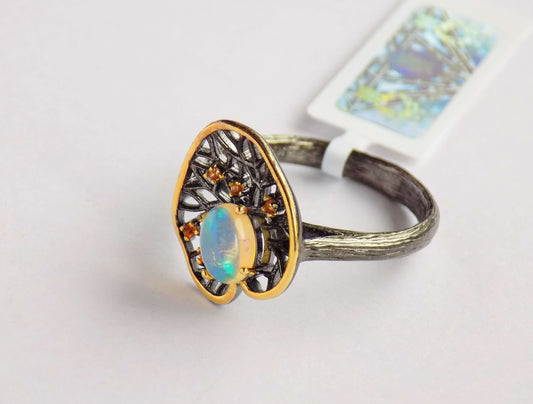 Silver Ring with Ethiopian Opal and Orange Sapphires - AnArt