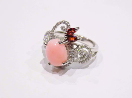 Silver Ring with Rose Opal, Rhodolite Garnets and White Zircons