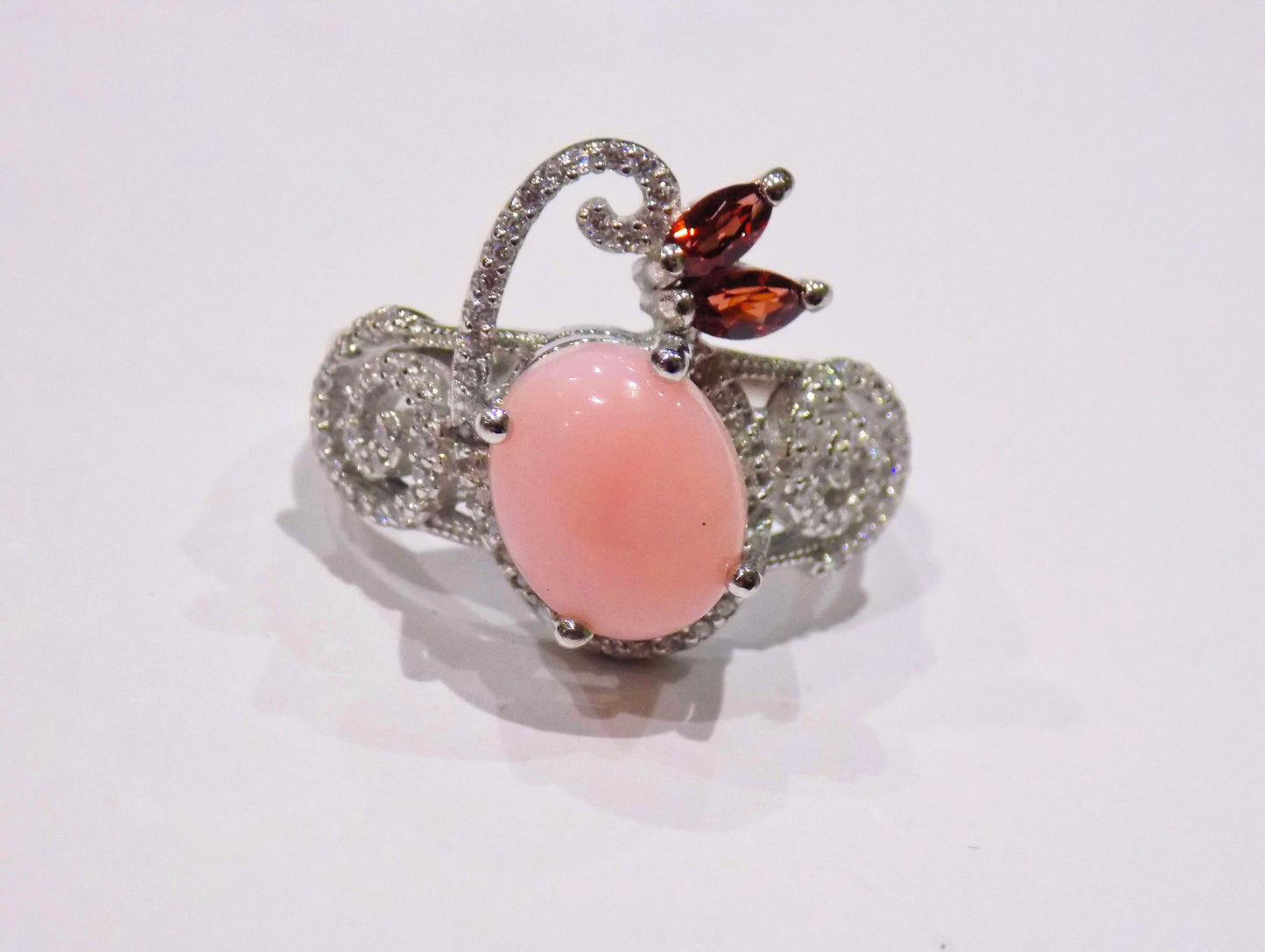 Silver Ring with Rose Opal, Rhodolite Garnets and White Zircons