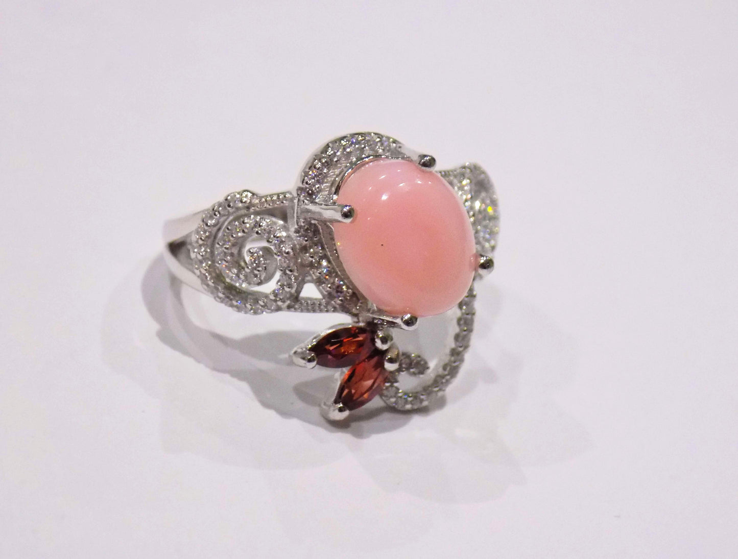 Silver Ring with Rose Opal, Rhodolite Garnets and White Zircons