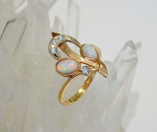 14K Red and White Gold Ring with Opals and Diamond-cut Zircons