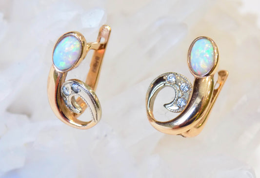 14K White and Red Gold Earrings with Ethiopian Opals and White Zircons