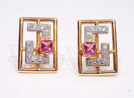 14K White and Red Gold Earrings with Pink Topazes and White Zircons