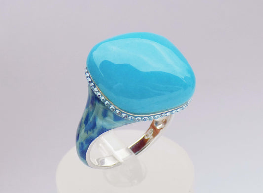 Silver Ring with Blue Jadeite and SWAROVSKI Crystals - AnArt