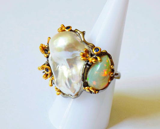 Silver Ring with White Baroque Sea Pearl, Opal and Blue Sapphires