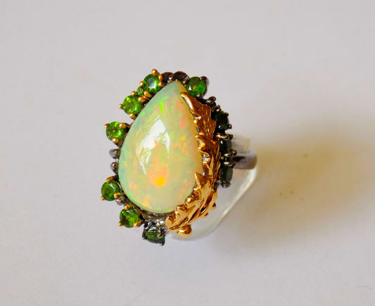 Silver Ring with Opal and Chrome Diopsides