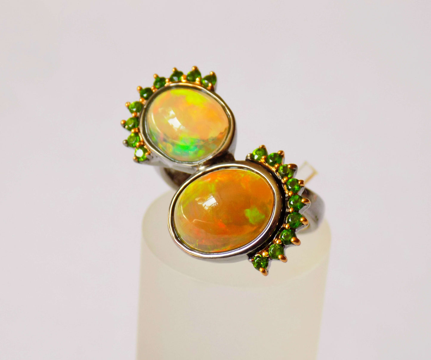 Silver Ring with Opals and Chrome Diopsides