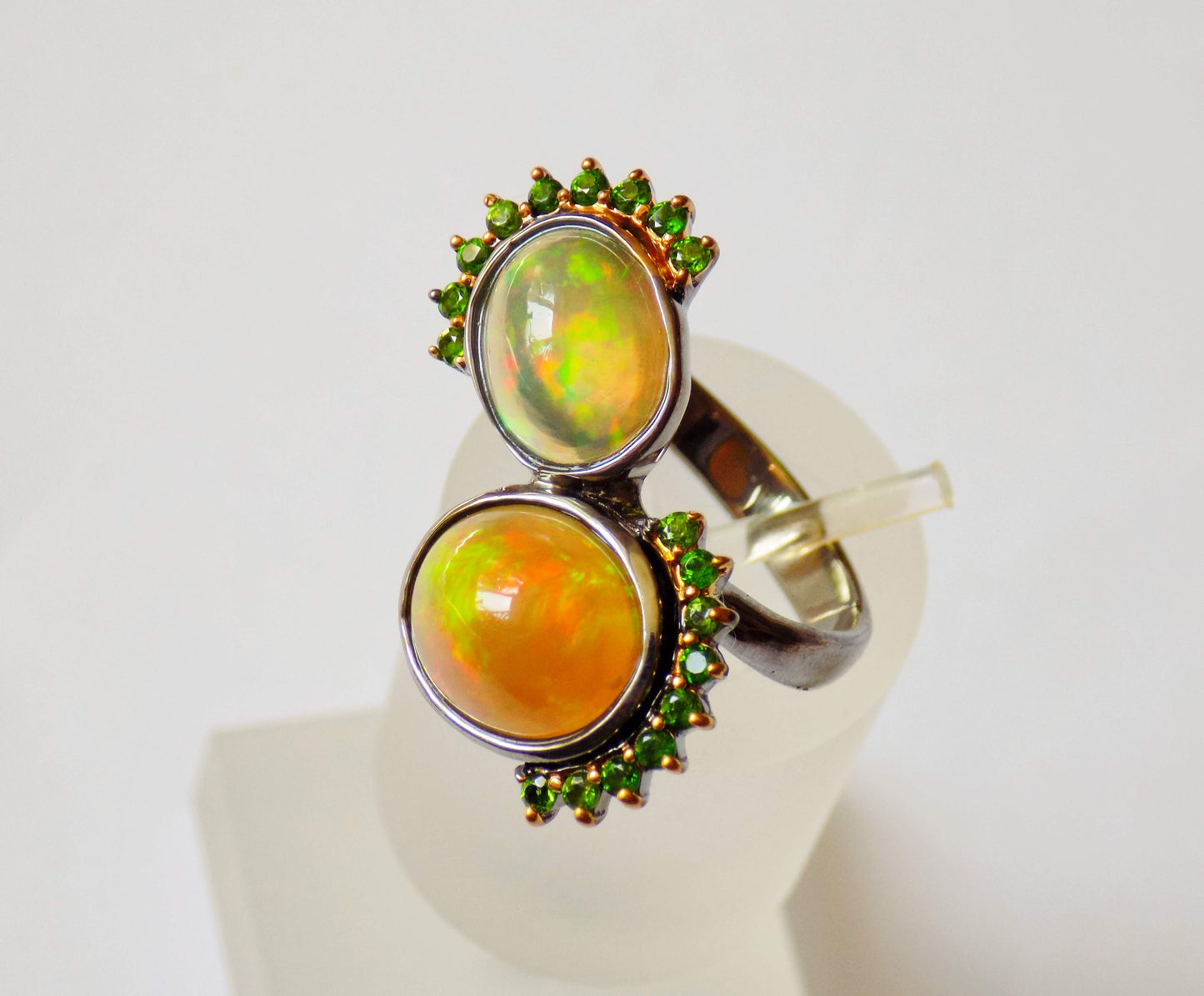 Silver Ring with Opals and Chrome Diopsides