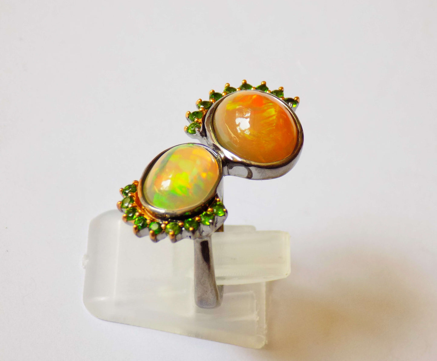 Silver Ring with Opals and Chrome Diopsides