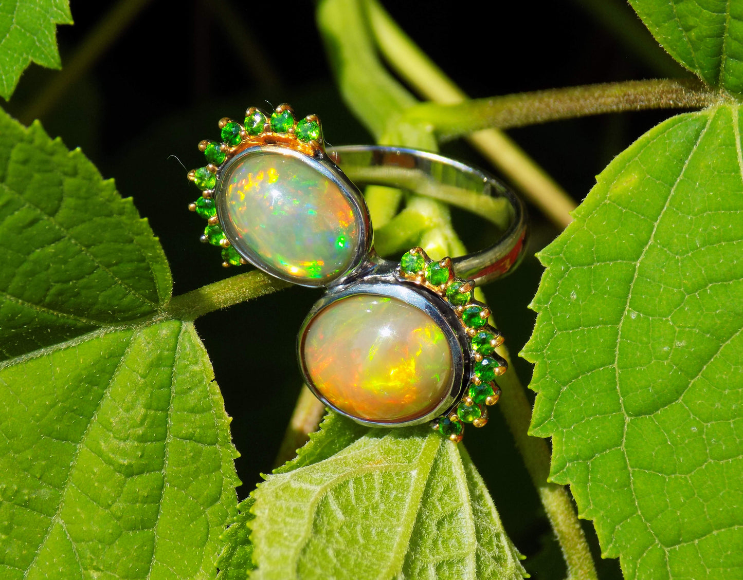 Silver Ring with Opals and Chrome Diopsides