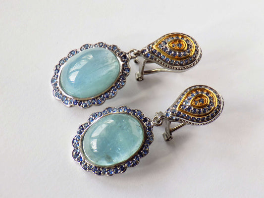 Silver Earrings with Aquamarines and Blue Sapphires