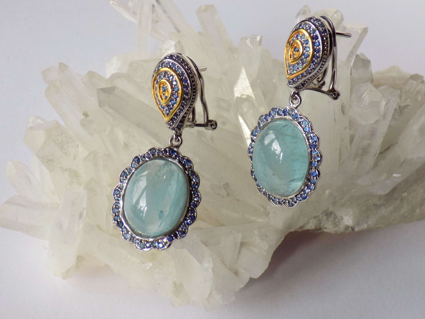 Silver Earrings with Aquamarines and Blue Sapphires