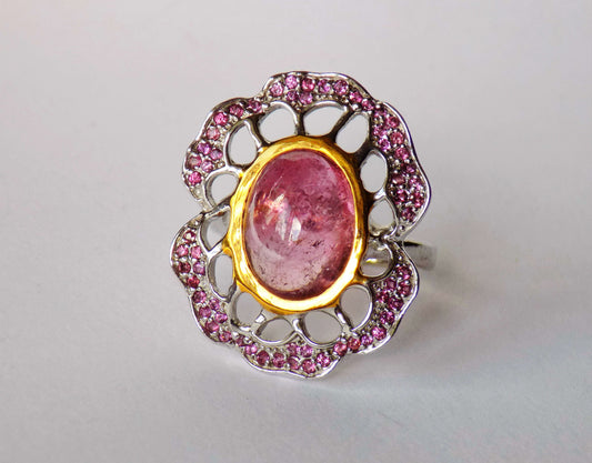 Silver Ring with Pink Tourmaline and Pink Garnets