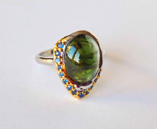 Silver Ring with Green Tourmaline and Blue Sapphires