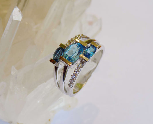 Silver Ring with Blue Topaz, London Blue Topazes and Zircons