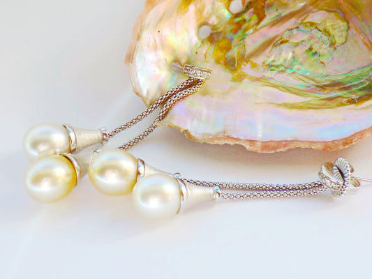 Silver Earrings with White and Golden Sea Pearls and Zircons