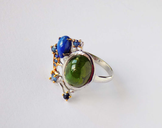 Silver Ring with Green Tourmaline, Blue Sapphires and Lapis Lazuli