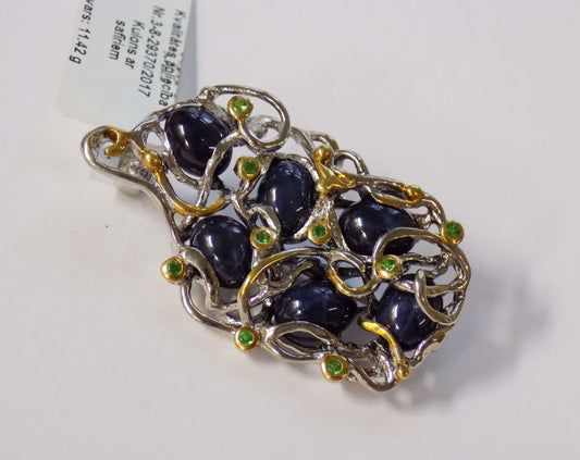 Silver Brooch-Pendant with Star Blue Sapphires and Green Garnets - AnArt