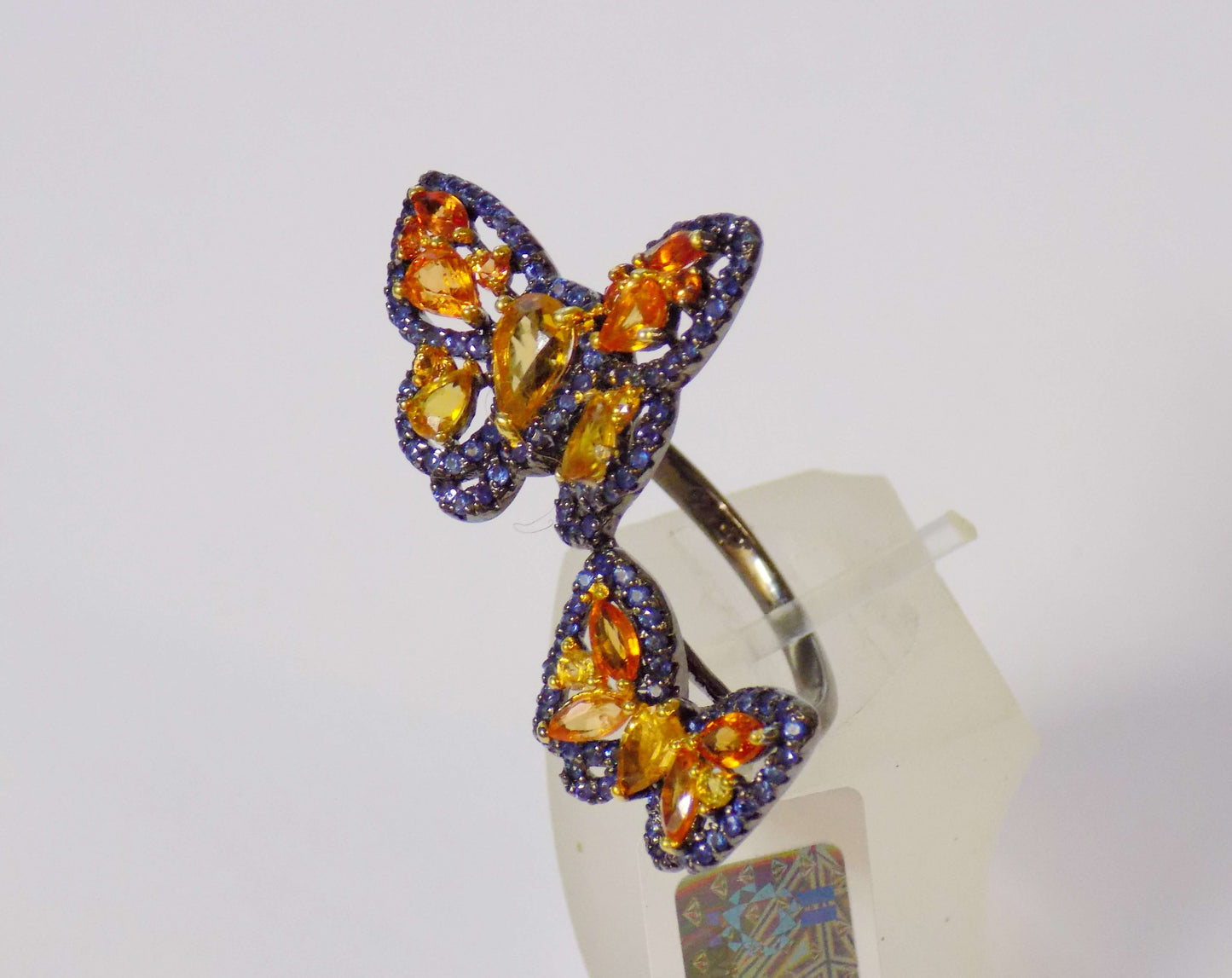 Butterfly Silver Ring with Citrines, Yellow and Blue Sapphires