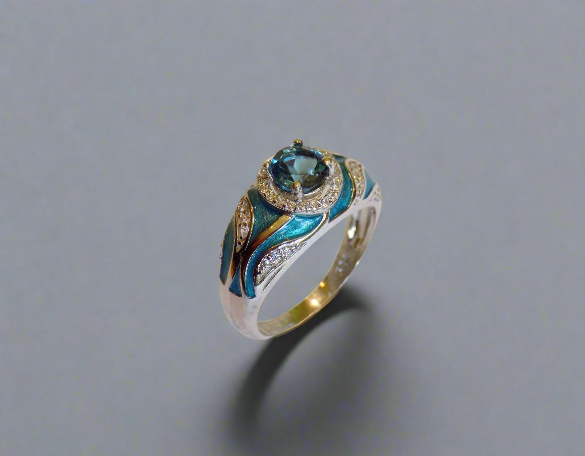 silver ring with london topaz and blue enamel