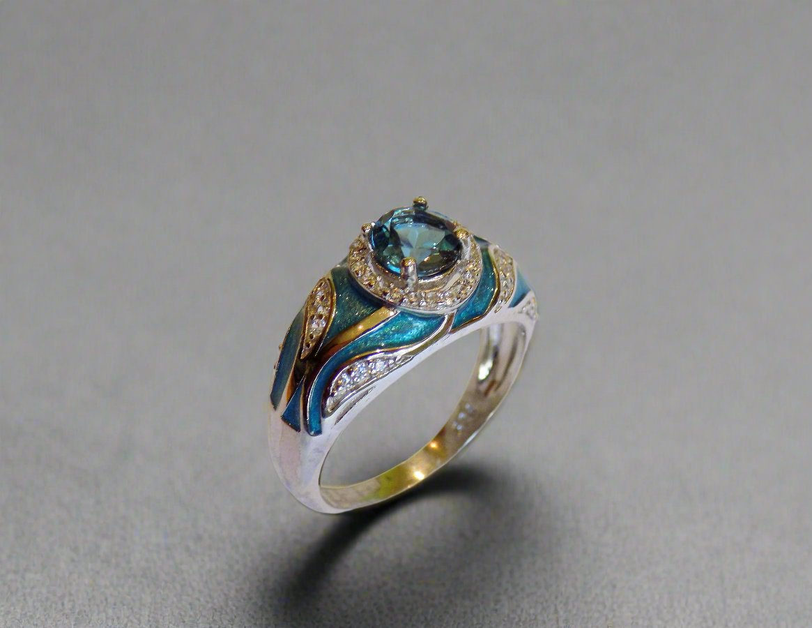 silver ring with london topaz and blue enamel