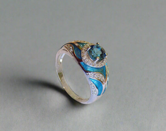 Silver Ring with London Blue Topaz, Zircons and Enamel