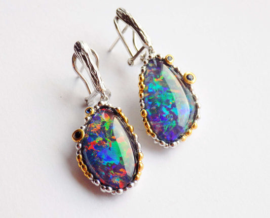 Silver Earrings with Australian Opals and Blue Sapphires