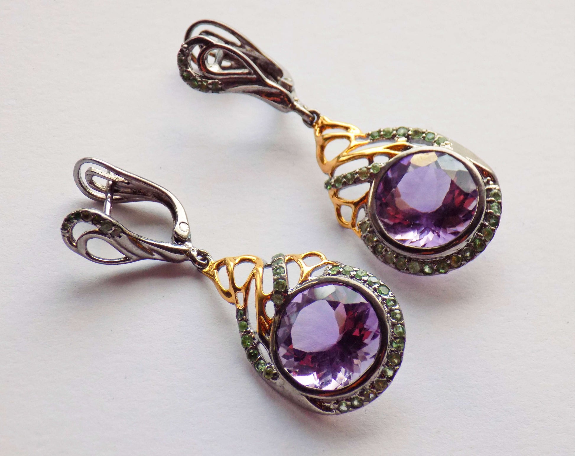 sterling silver earrings with amethysts and tsavorite garnets