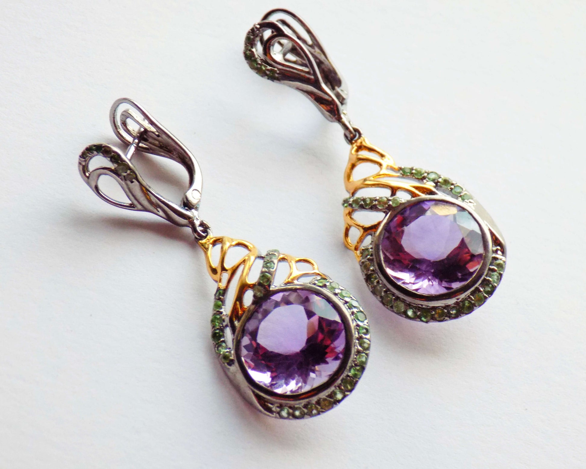 sterling silver earrings with amethysts and tsavorite garnets