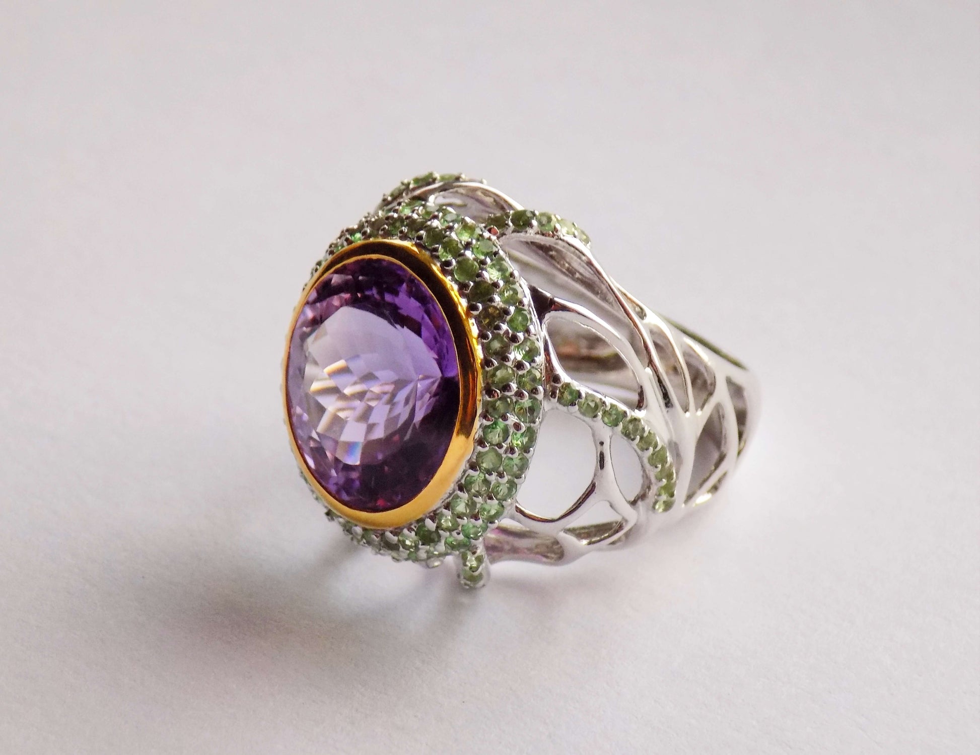 sterling silver ring with amethyst and tsavorite garnets