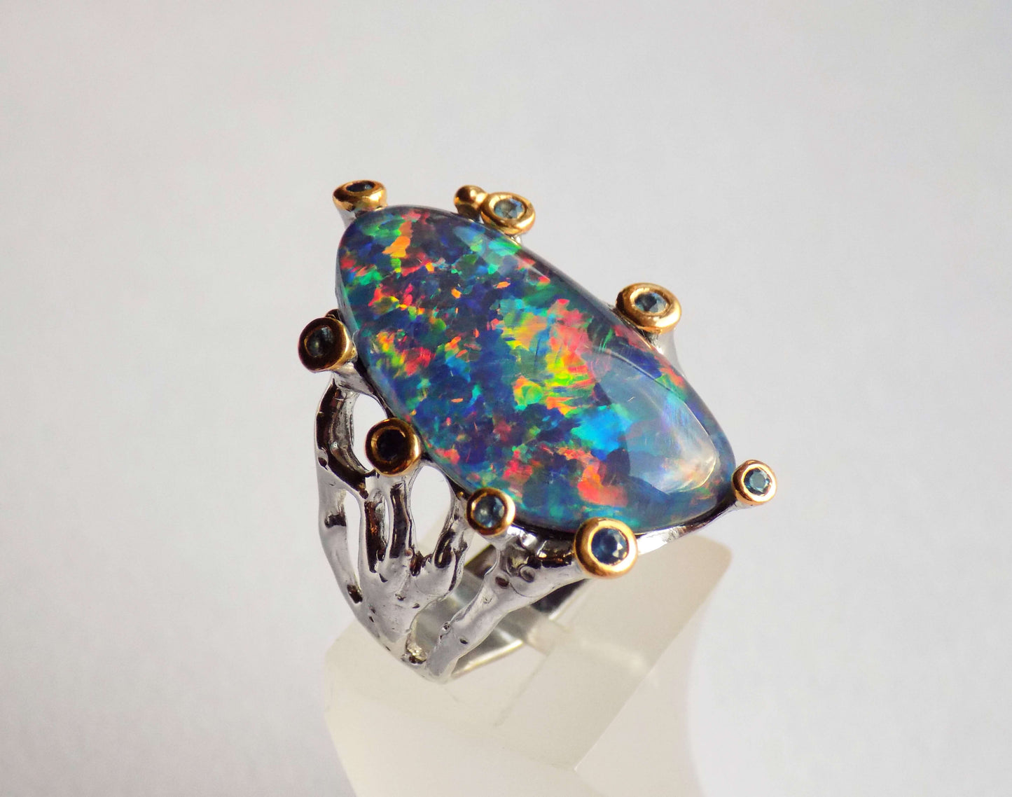 Silver Ring with Australian Opal and Blue Sapphires