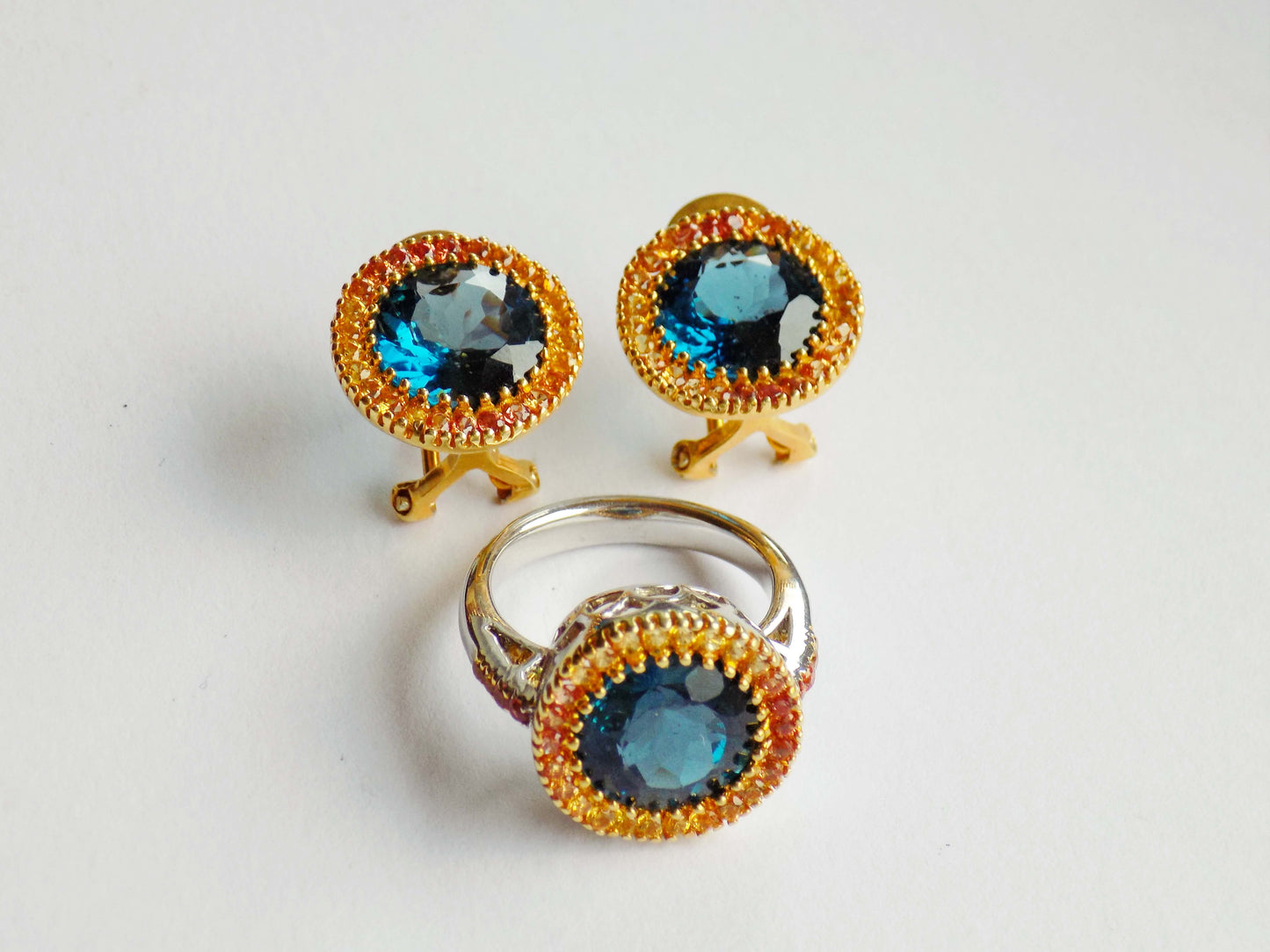 Silver Ring with London Blue Topaz and Orange and Yellow Sapphires