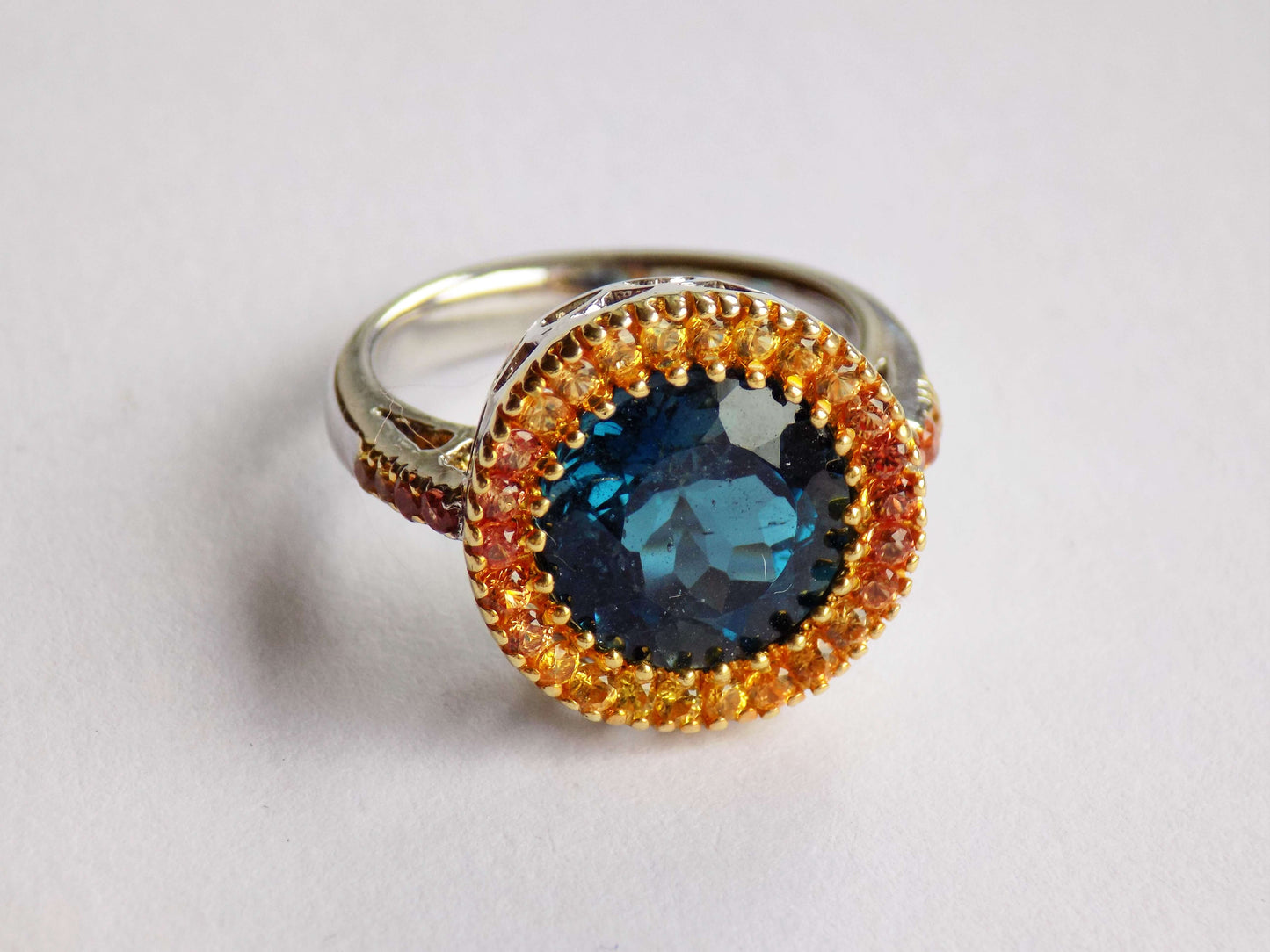 Silver Ring with London Blue Topaz and Orange and Yellow Sapphires