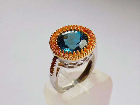 Silver Ring with London Blue Topaz and Orange and Yellow Sapphires