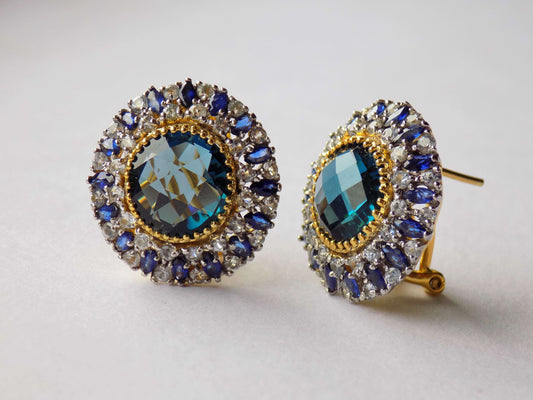 Silver Earrings with London Topazes, Blue Sapphires and Leuco Sapphires