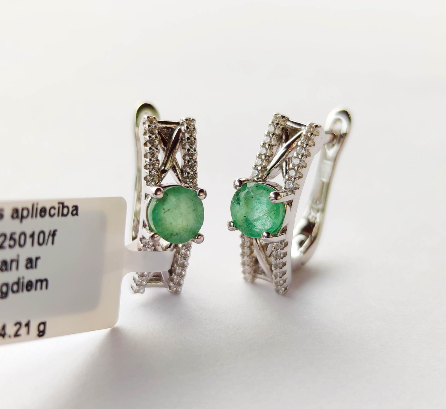 Silver Earrings with Emeralds and Zircons