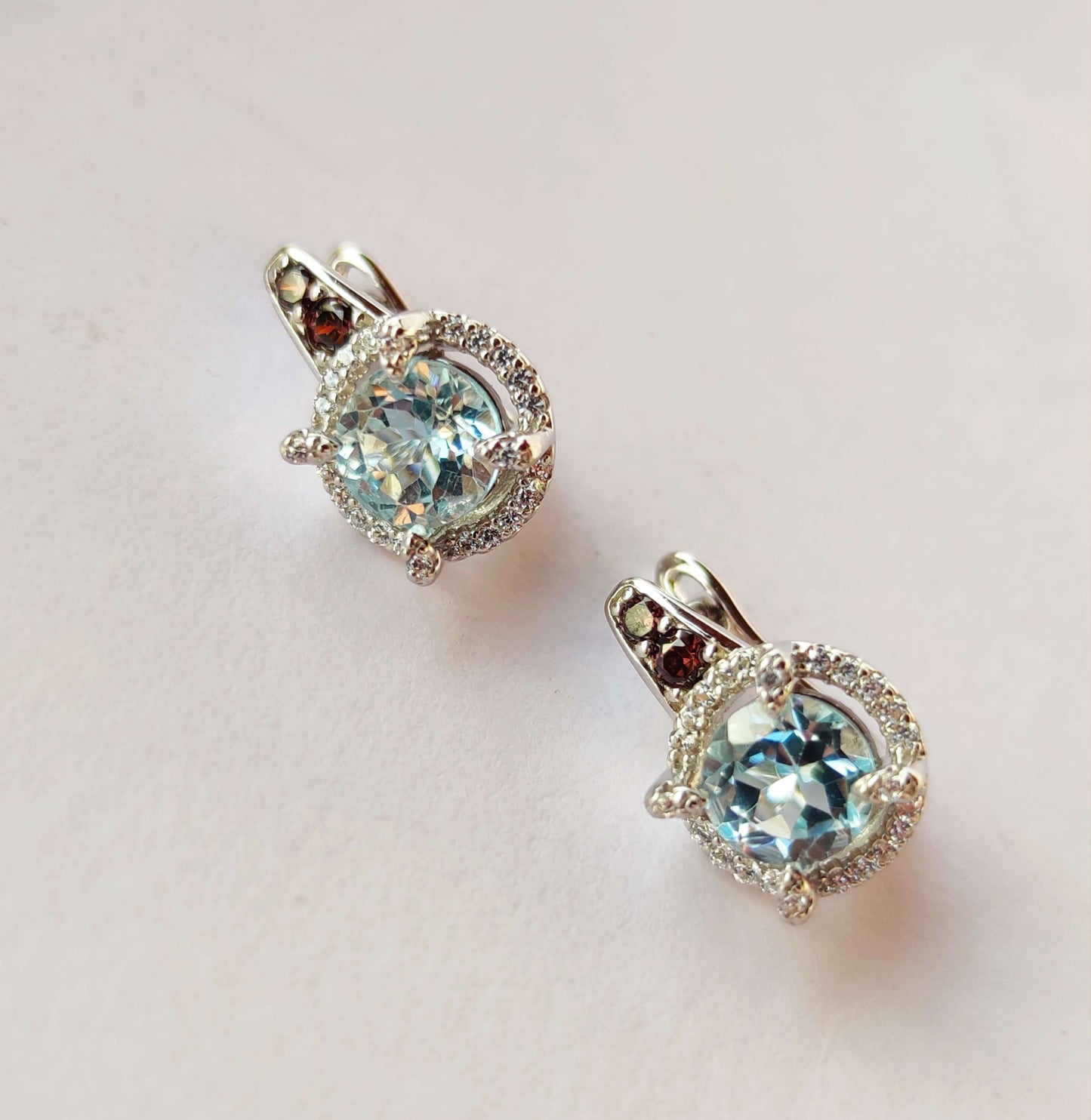 Silver Earrings with Blue Topazes and Zircons