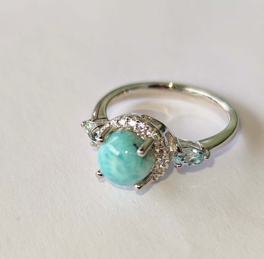 Silver Ring with Larimar, Blue Topazes and Zircons