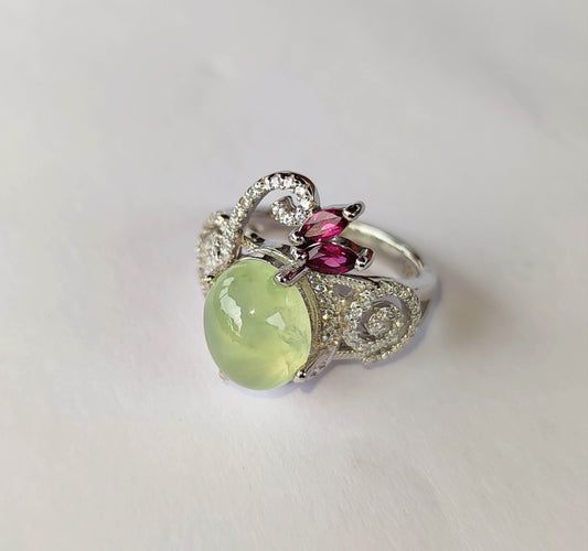 Silver Ring with Prehnite, Rhodolite Garnets and White Zircons