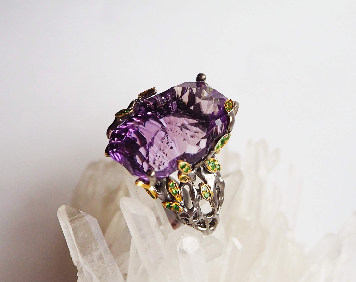 Silver Ring with Amethyst and Tsavorite Garnets