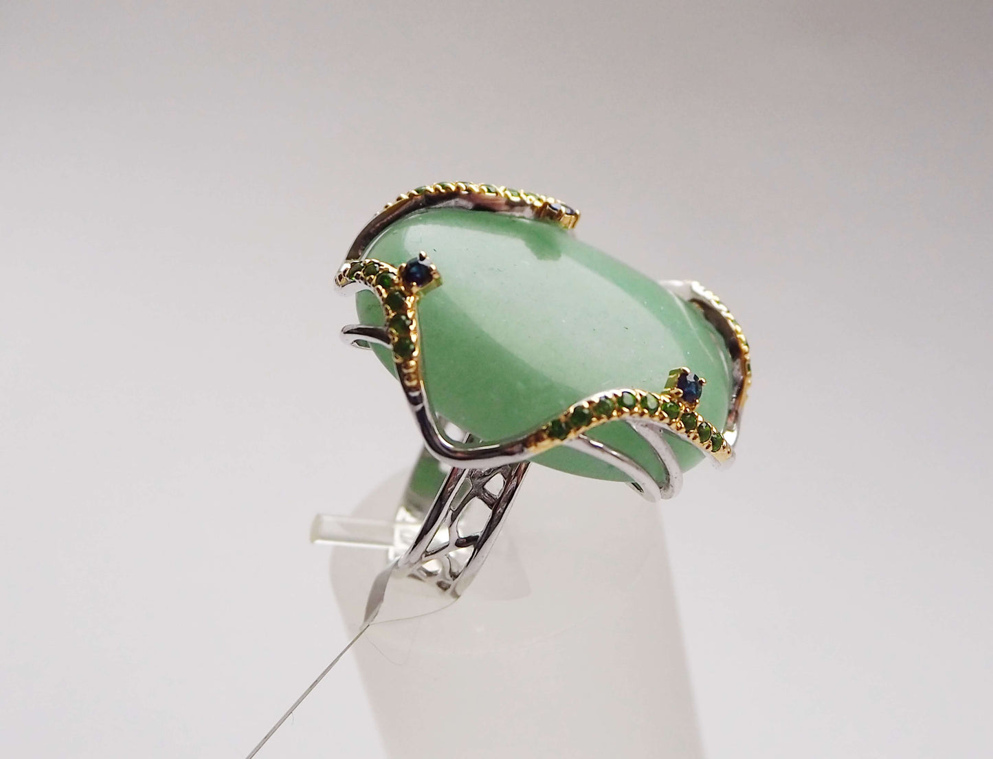 Silver Ring with Aventurine, Tsavorite Garnets and Blue Sapphies