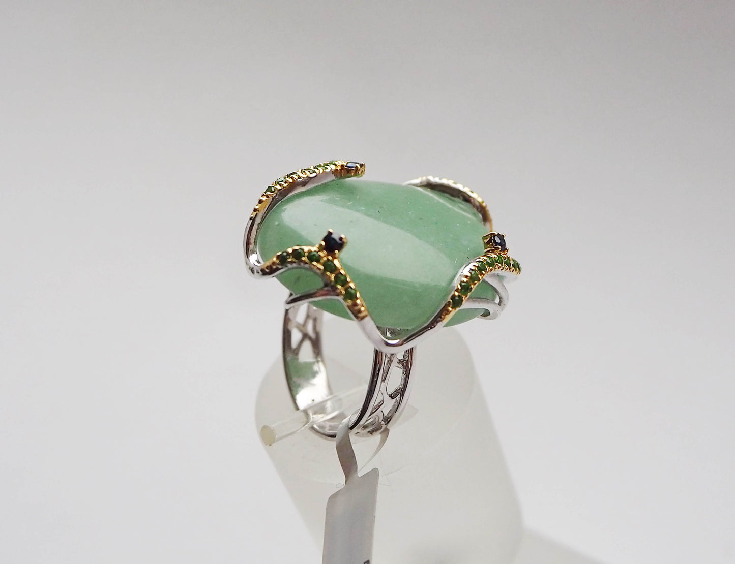 Silver Ring with Aventurine, Tsavorite Garnets and Blue Sapphies