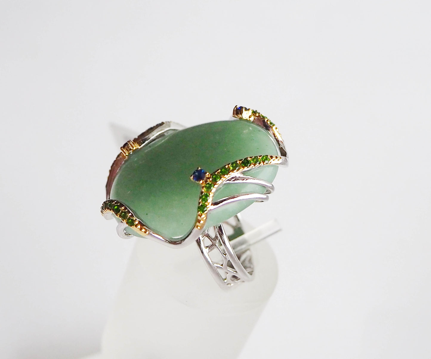 Silver Ring with Aventurine, Tsavorite Garnets and Blue Sapphies