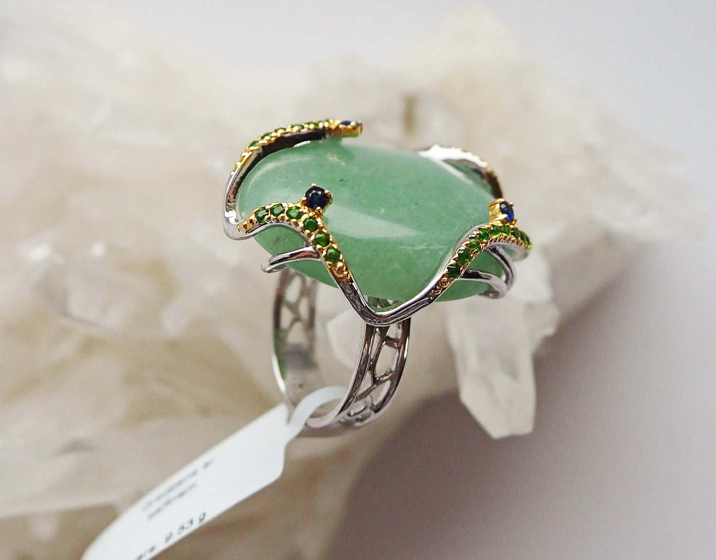 Silver Ring with Aventurine, Tsavorite Garnets and Blue Sapphies