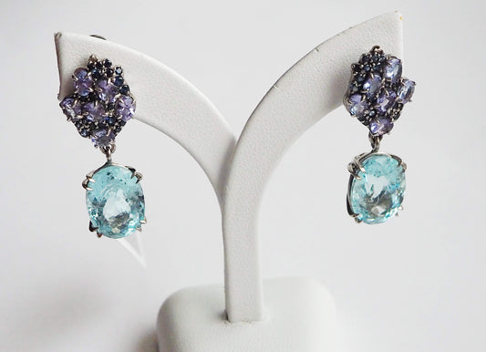 Silver Earrings with Aquamarines, Tanzanites and Blue Sapphires