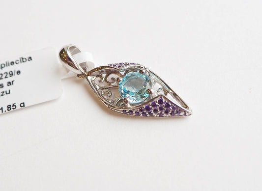 Silver Pendant with Blue Topaz and Purple Zircons