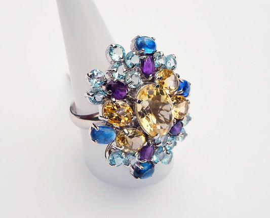 Silver Ring with Citrines, Amethysts, Blue Topazes and Kyanites