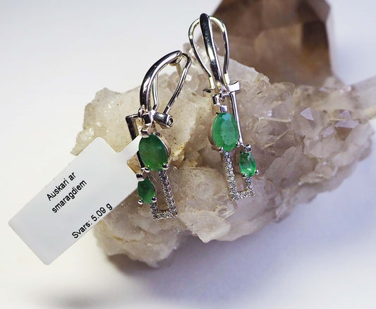 Silver Earrings with Emeralds and Zircons